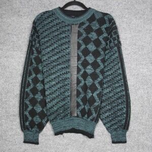 Atlantic Traders Mens L Geometric Leather Trim Knit Sweater Teal Black Vintage